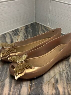 Melissa Metallic Rose Gold Ballet Flats with Gold Butterfly